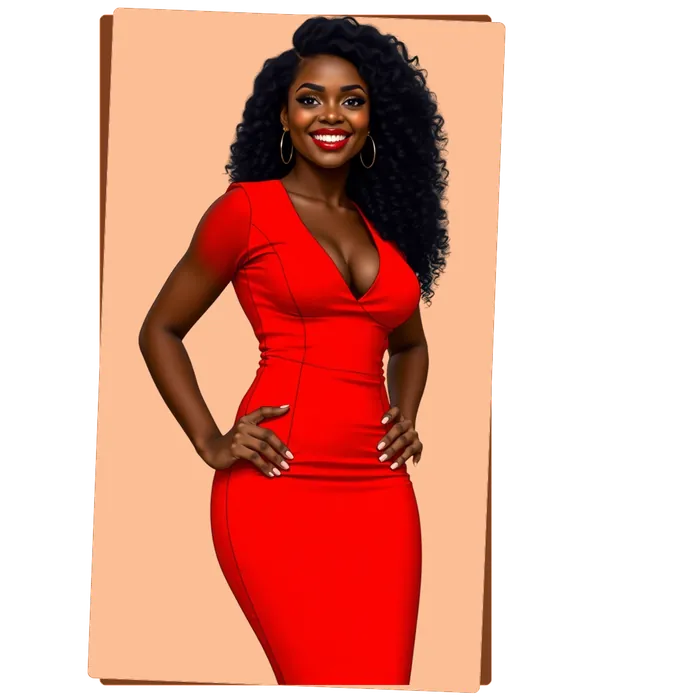 Illustrated founder in a red dress standing with confidence