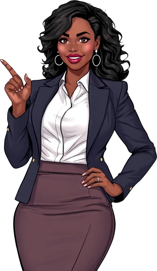 Illustrated Black woman founder in a navy blazer pointing up at her business credit buildout file