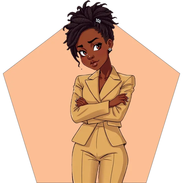 Illustrated founder in a tan suit with her arms crossed